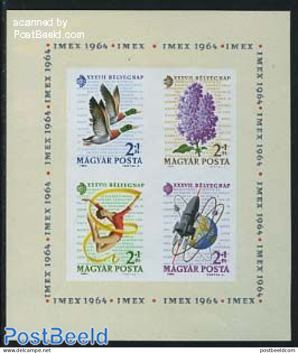 Hungary 1964 Stamp Day S/s Imperforated, Unused (hinged), Nature - Sport - Transport - Birds - Ducks - Flowers & Plant.. - Nuevos