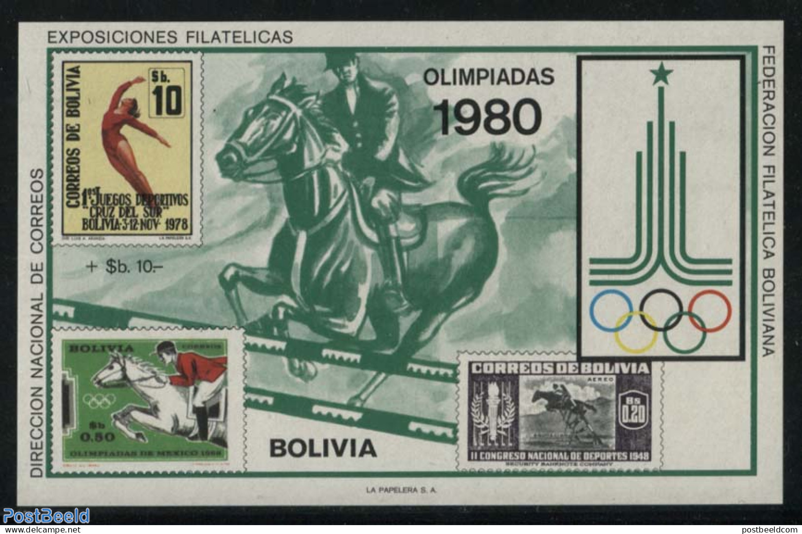 Bolivia 1979 Olympic Games S/s, Mint NH, Nature - Sport - Horses - Stamps On Stamps - Briefmarken Auf Briefmarken