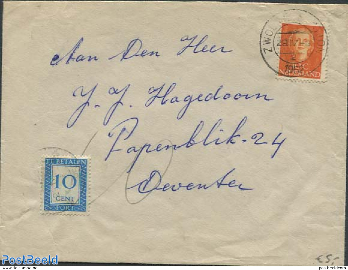 Netherlands 1952 Postage Due 10c, Postal History - Cartas & Documentos