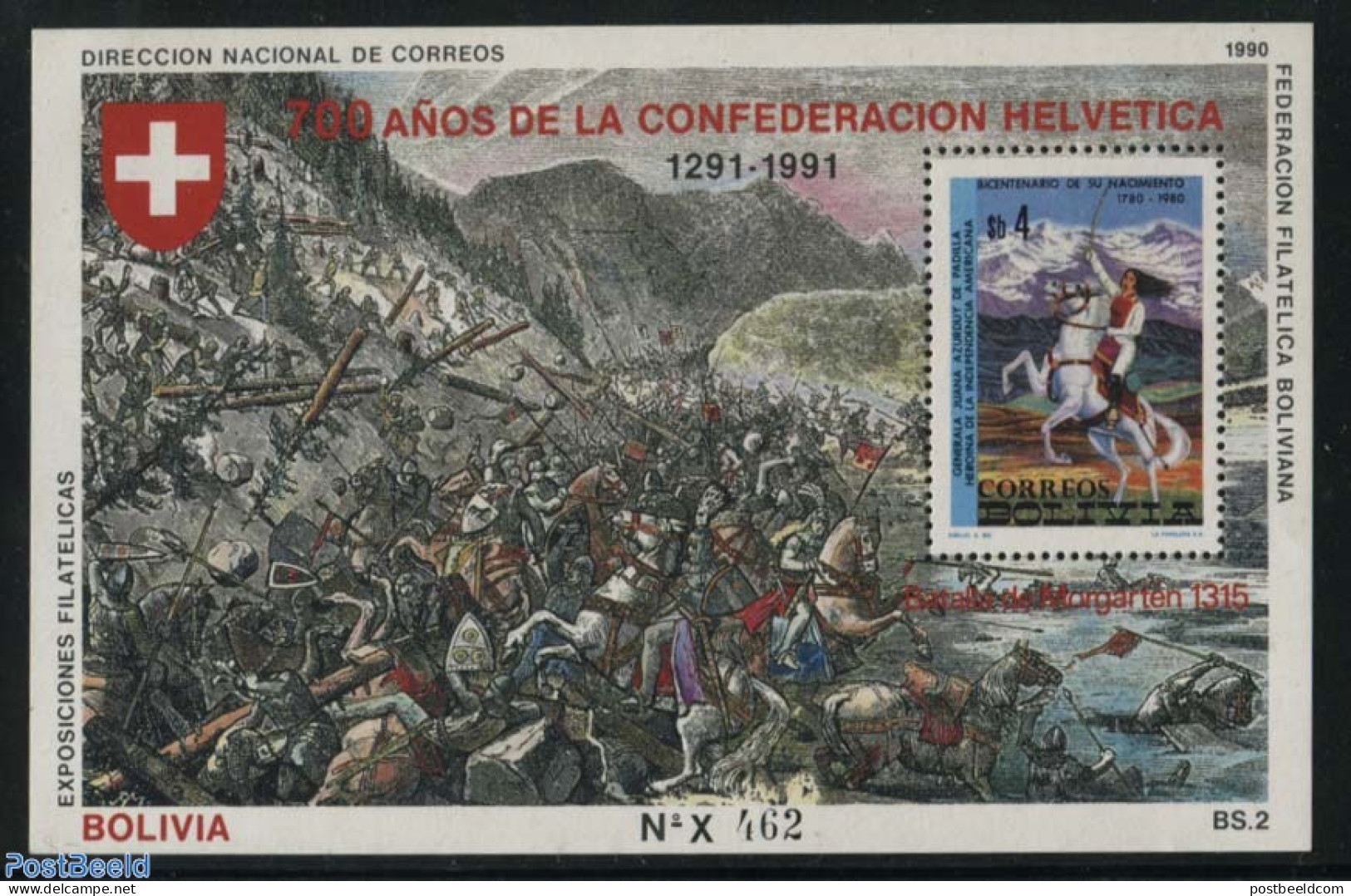 Bolivia 1990 700 Years Swiss Confederation S/s, Mint NH, Nature - Sport - Horses - Mountains & Mountain Climbing - Arrampicata
