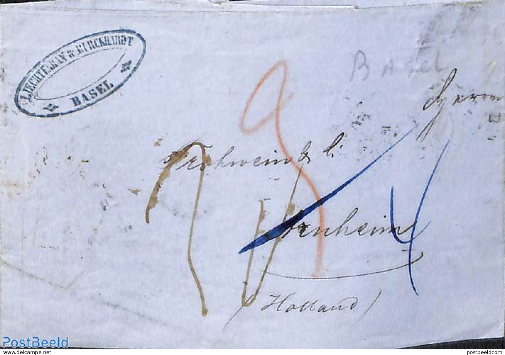 Switzerland 1862 Folding Letter Send By Sea, From Basel To Arnhem, Holland. Arnhem 1862, Postal History - Covers & Documents