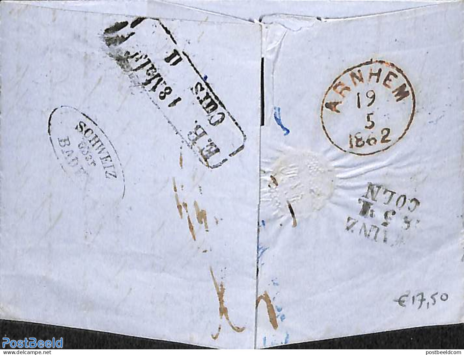 Switzerland 1862 Folding Letter Send By Sea, From Basel To Arnhem, Holland. Arnhem 1862, Postal History - Covers & Documents