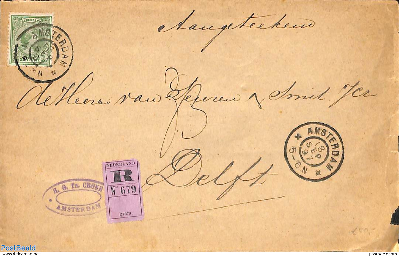 Netherlands 1897 Registered Envelope From Amsterdam To Delft, See Both Postmarks. Princess Wilhelmina (hangend Haar) 2.. - Storia Postale