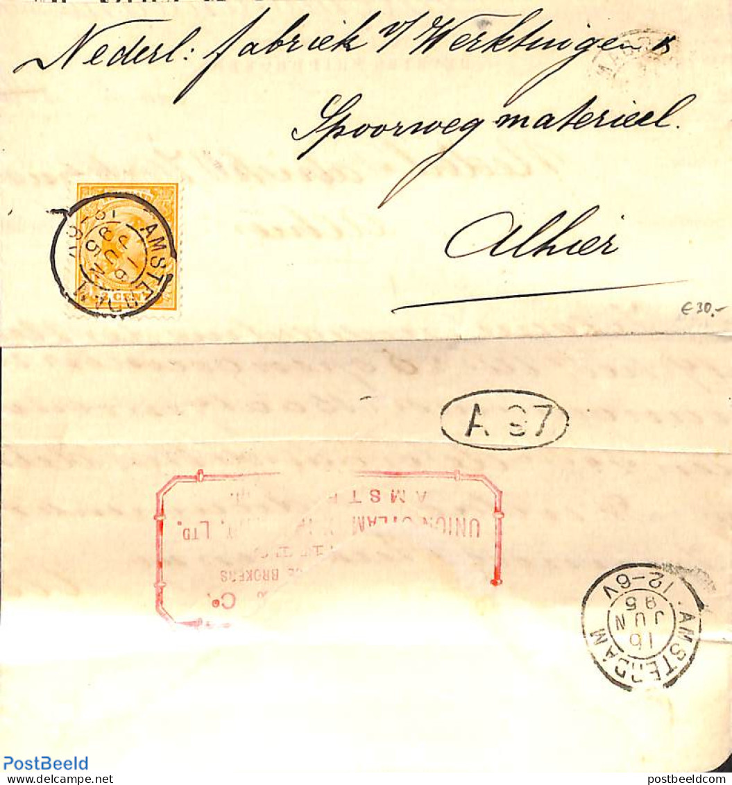 Netherlands 1895 Official Mail From/to Amsterdam. Princess Wilhelmina (hangend Haar) 3 Cent , Postal History - Storia Postale