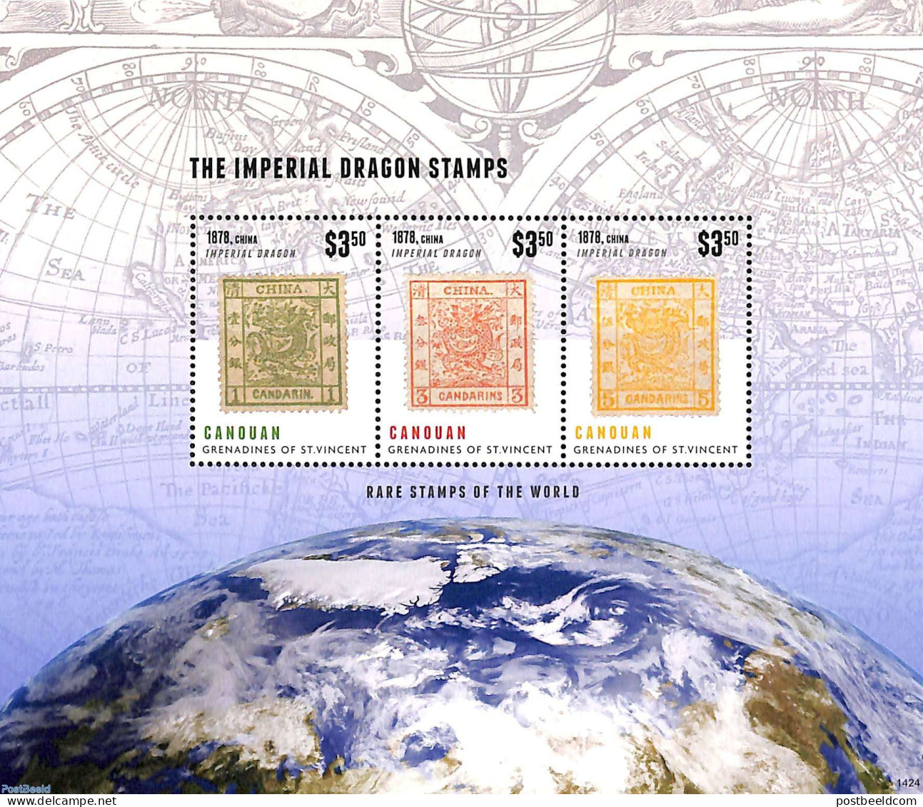 Saint Vincent & The Grenadines 2014 Canouan, The Imperial Dragon Stamps 3v M/s, Mint NH, Various - Stamps On Stamps - .. - Postzegels Op Postzegels