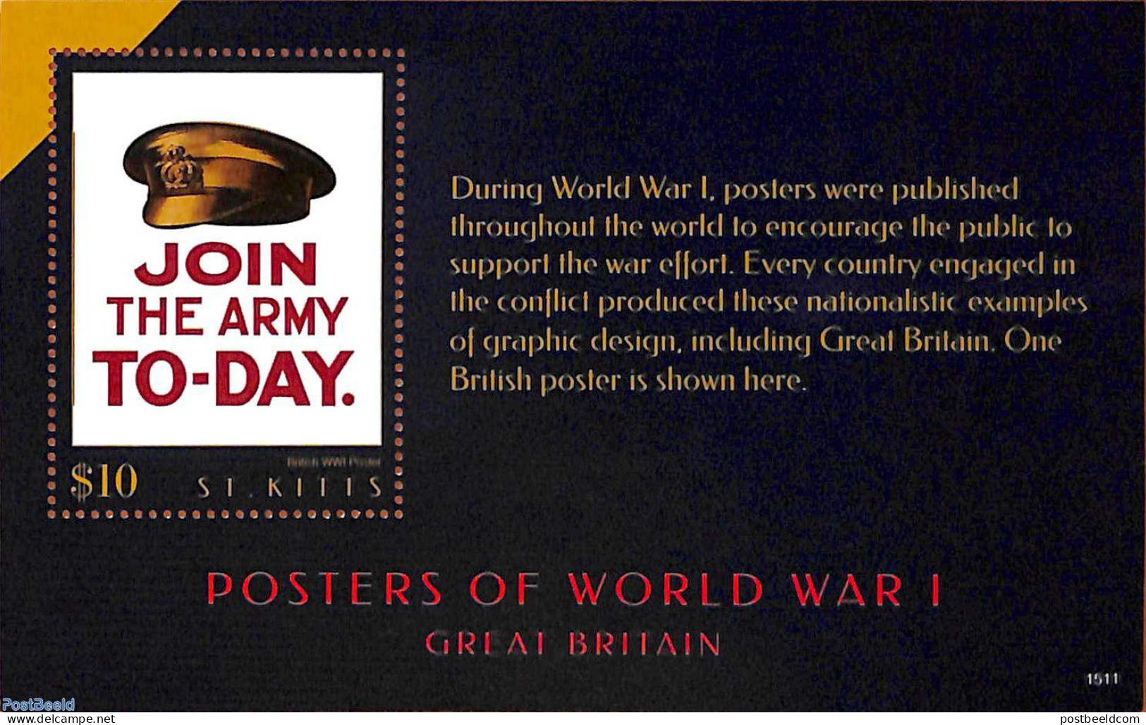 Saint Kitts/Nevis 2015 Posters Of World War I S/s, Mint NH, History - Militarism - Art - Poster Art - World War I - Militares
