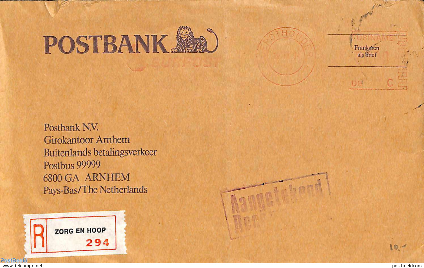 Suriname, Republic 1994 Registered Letter From Zorg En Hoop To Arnhem (NL), Postal History - Surinam