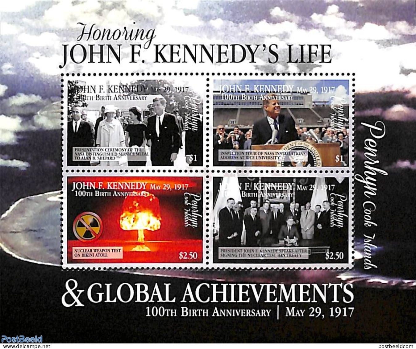 Penrhyn 2017 John F. Kennedy 4v M/s, Mint NH, History - Science - American Presidents - Atom Use & Models - Penrhyn