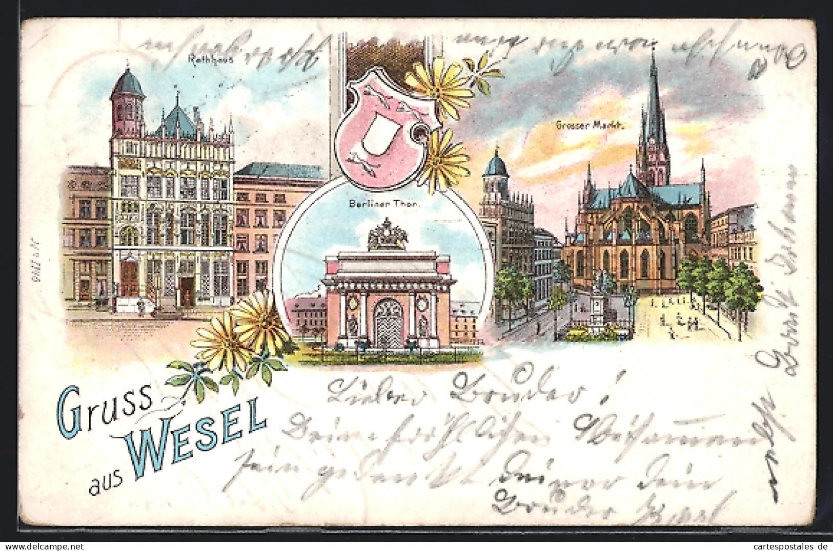 Lithographie Wesel / Rhein, Grosser Markt, Berliner Thor, Rathaus Und Wappen  - Wesel