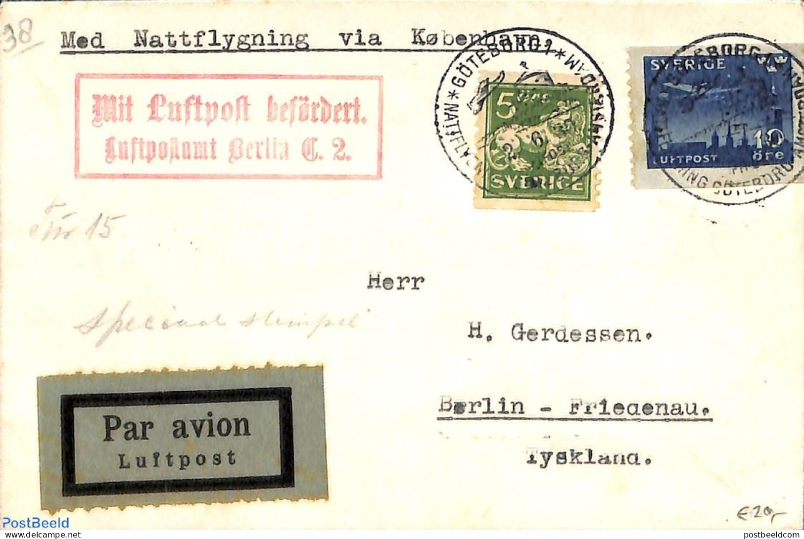Sweden 1930 Airmail To Berlin (with Hydroplane From Göteborg To Amsterdam), Postal History, Transport - Aircraft & Av.. - Briefe U. Dokumente