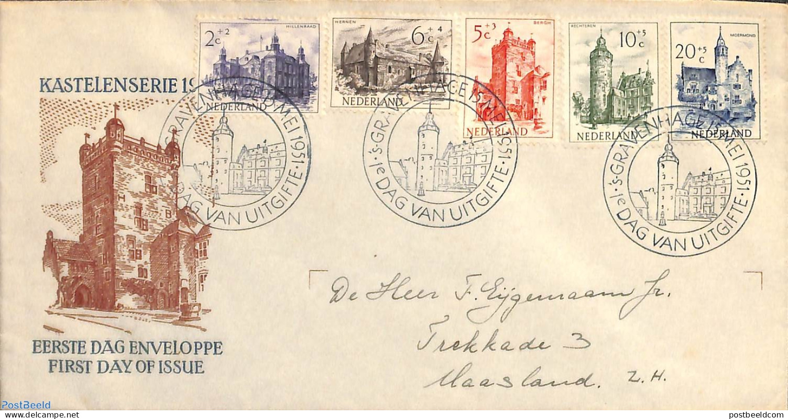 Netherlands 1951 Castles 5v, FDC, Open Flap, Written Address, First Day Cover, Art - Castles & Fortifications - Lettres & Documents