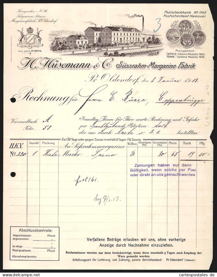 Rechnung Pr. Oldendorf 1913, H. Hüsemann & Co., Süssrahm-Margarine Fabrik, Betrieb, Schutzmarke, Auszeichnungen  - Autres & Non Classés
