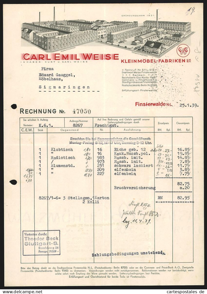 Rechnung Finsterwalde 1939, Carl Emil Weise, Kleinmöbel-Fabriken GmbH, Hauptwerk Und Zweigniederlassung  - Autres & Non Classés