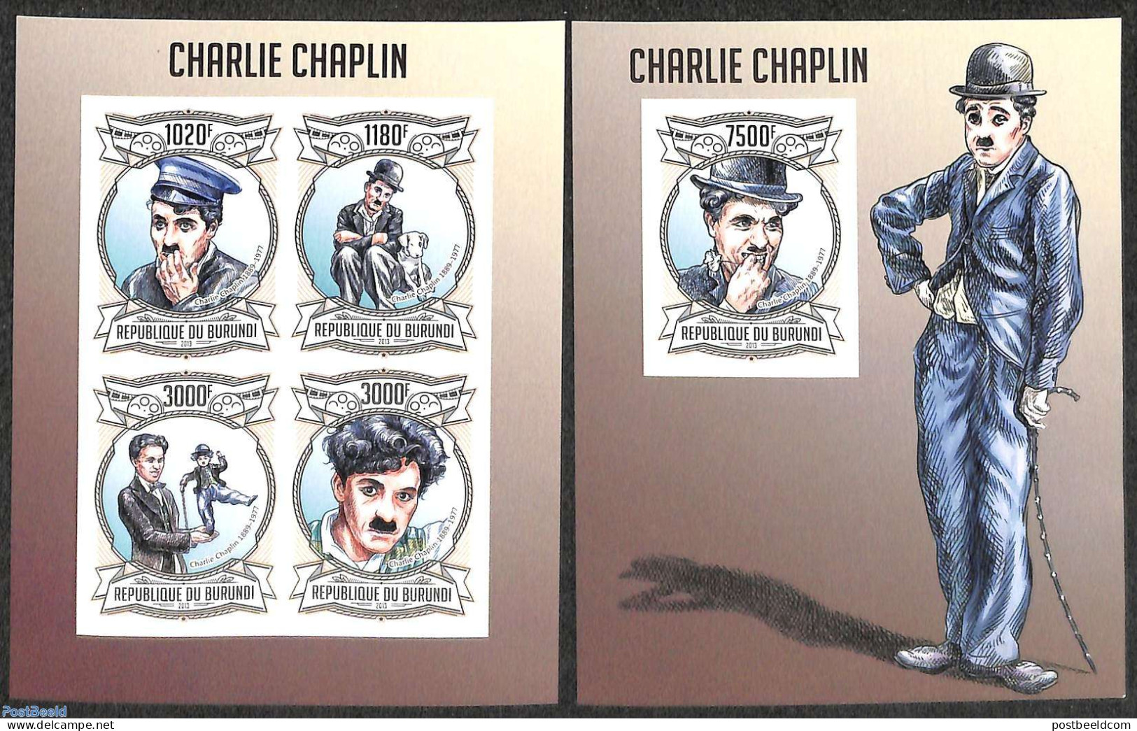 Burundi 2013 Charlie Chaplin 2 S/s, Imperforated, Mint NH, Dogs - Movie Stars - Actors