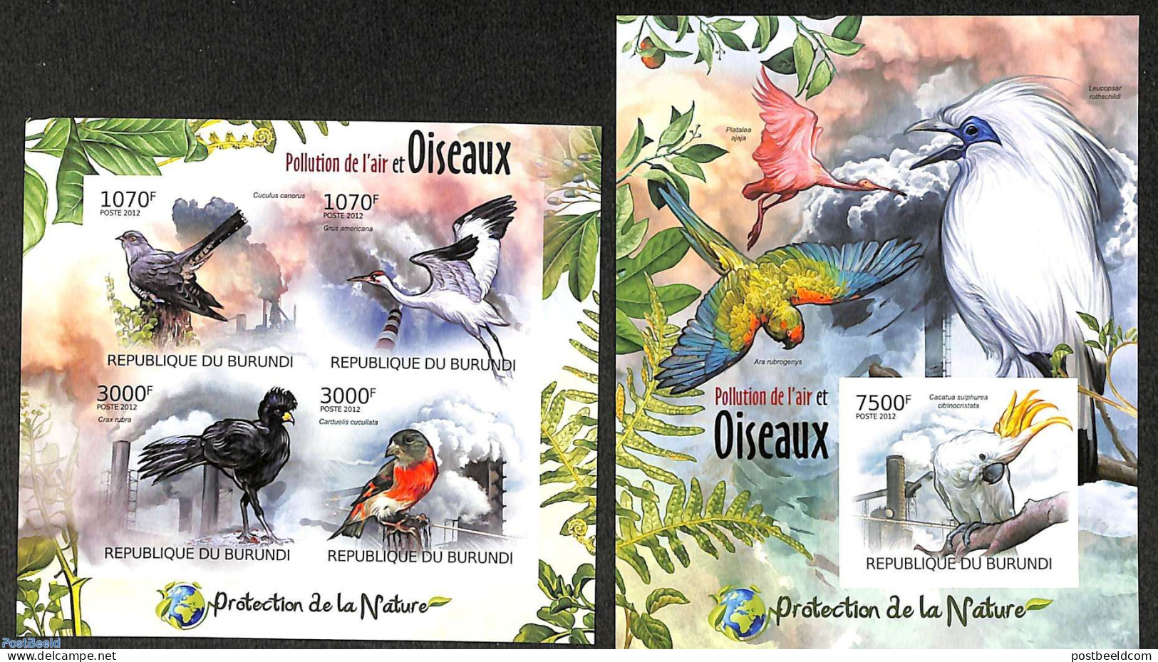 Burundi 2012 Birds And Air Pollution  2 S/s, Imperforated, Mint NH, Birds - Environment - Parrots - Umweltschutz Und Klima