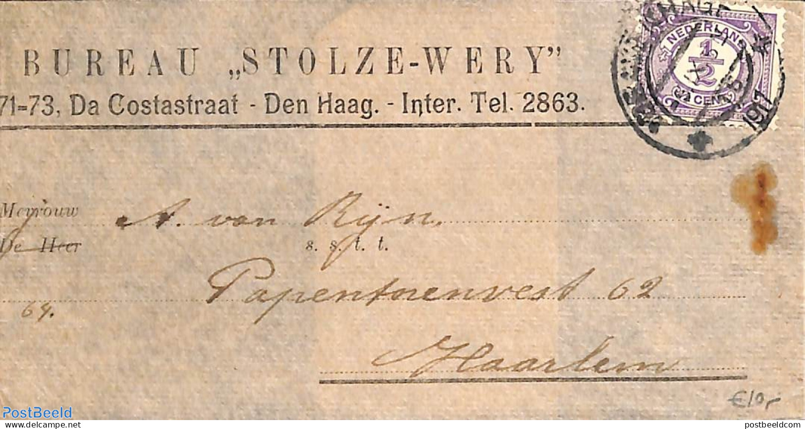 Netherlands 1917 Wrapper, 1/2c Stamp, Postal History - Cartas & Documentos