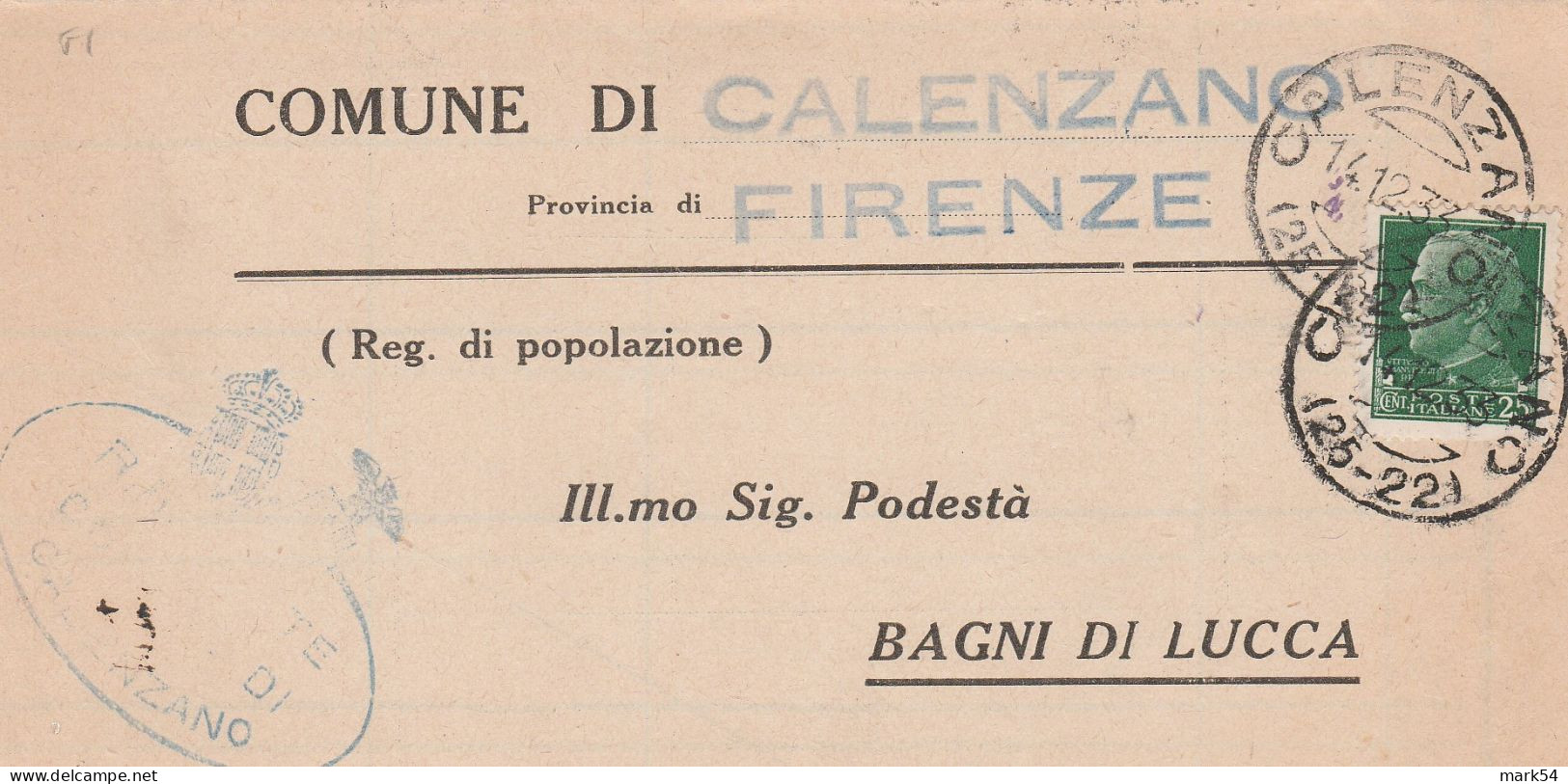 E 46 Calenzano Frazionario 25-22 Del 1933 - Marcophilie