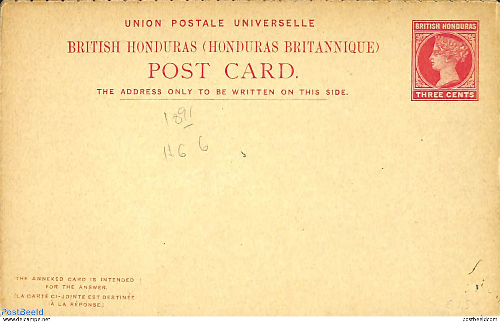 Belize/British Honduras 1891 Reply Paid Postcard 3/3c, Unused Postal Stationary - British Honduras (...-1970)