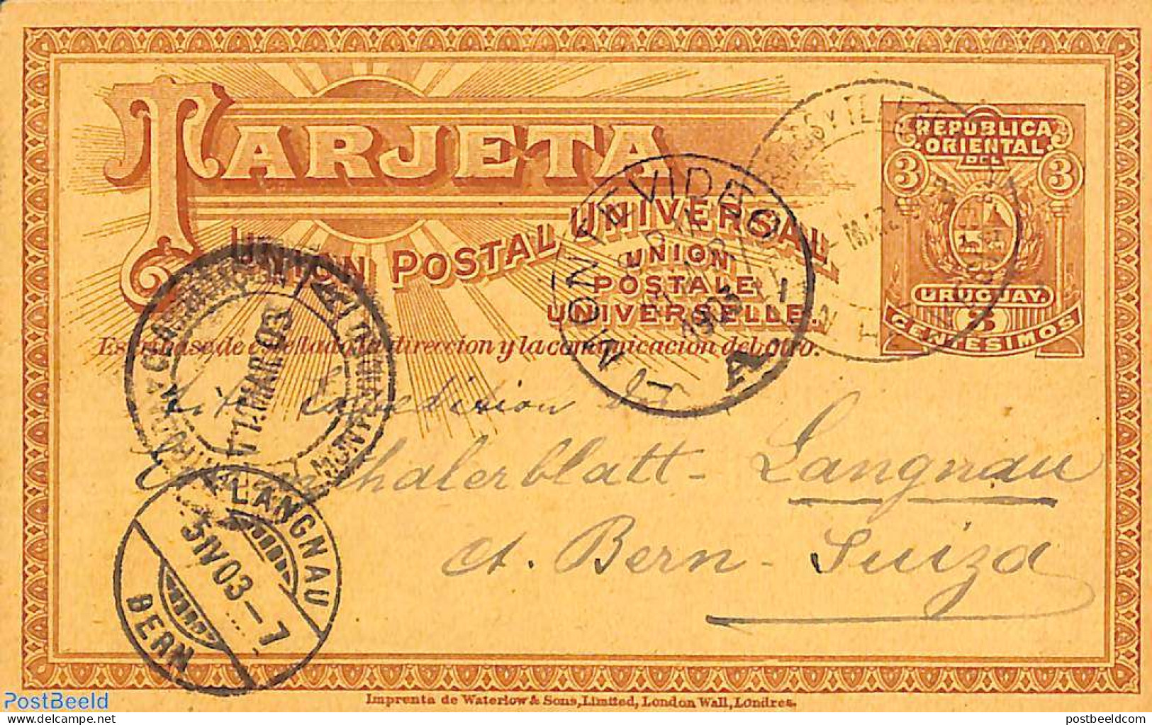 Uruguay 1903 Postcard To Switzerland, Used Postal Stationary - Uruguay