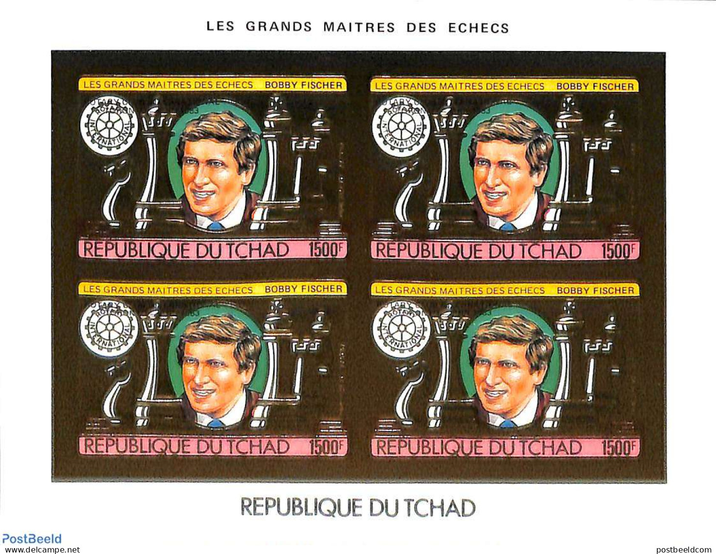 Chad 1983 Bobby Fisher M/s, With Black Rotary Overprint, Imperforated, Mint NH, Chess - Rotary - Autres & Non Classés