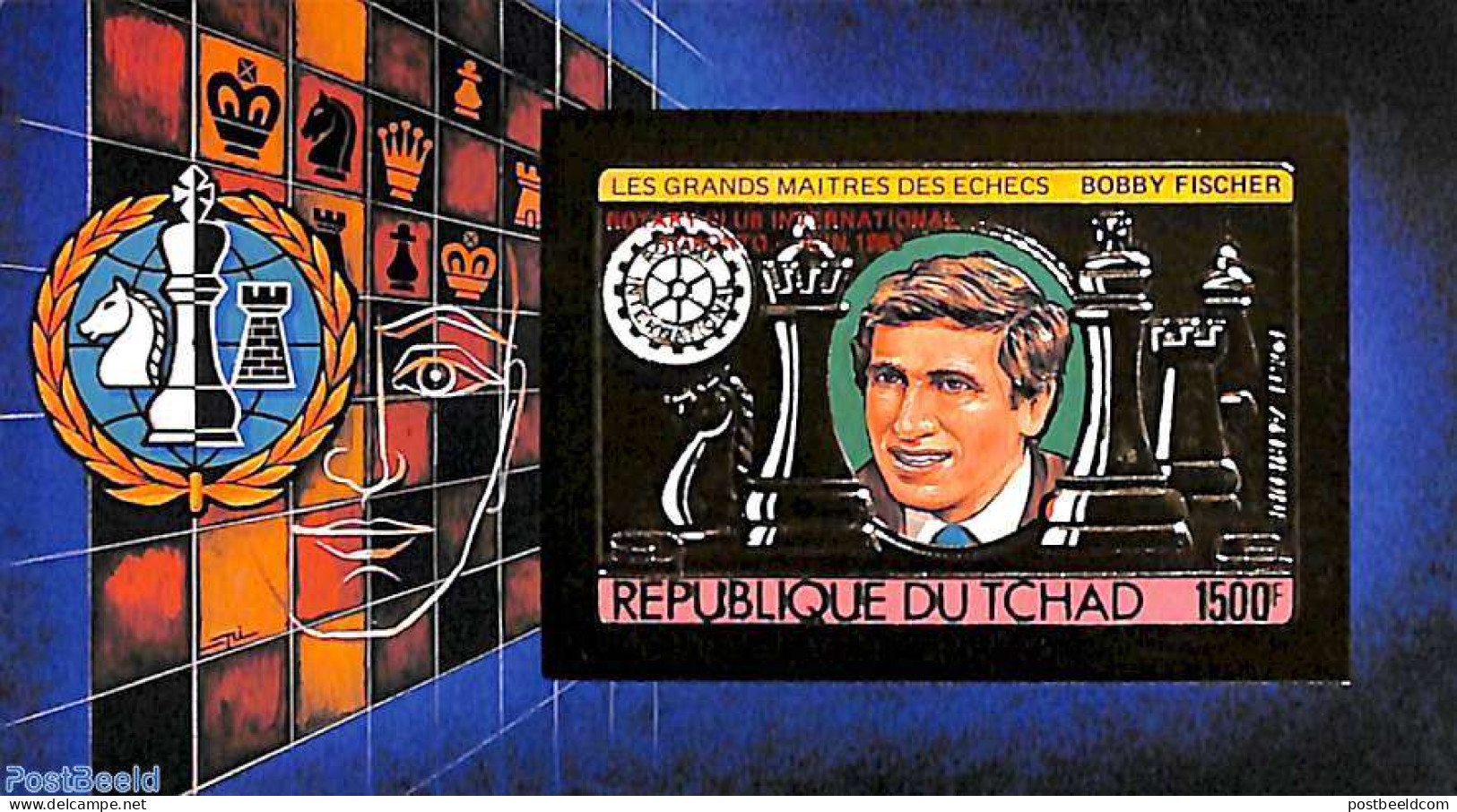 Chad 1983 Bobby Fischer S/s, Imperforated With Red Rotary Overprint, Mint NH, Chess - Rotary - Autres & Non Classés