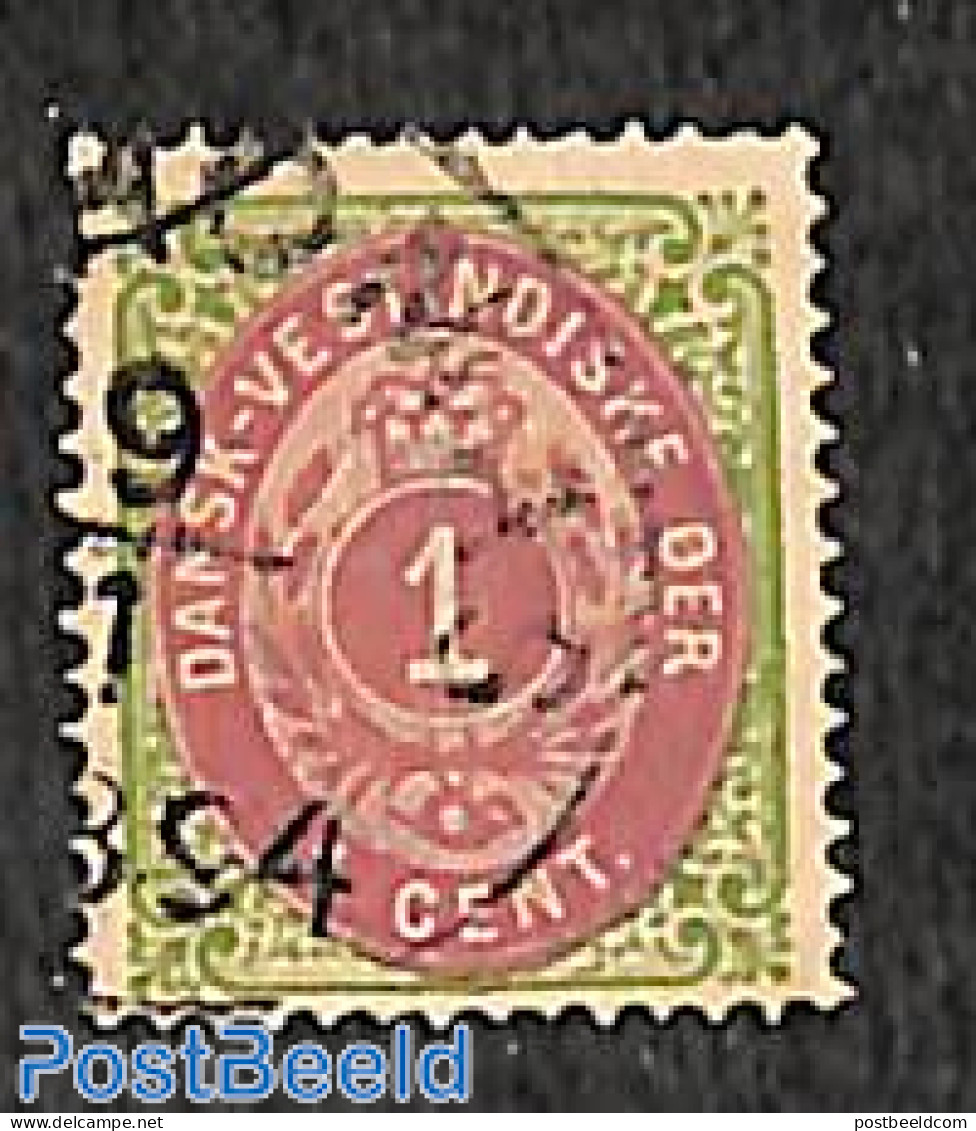 Danish West Indies 1873 1c Green/purpleliac, Type I, Used In 1894., Used Stamps - Danimarca (Antille)