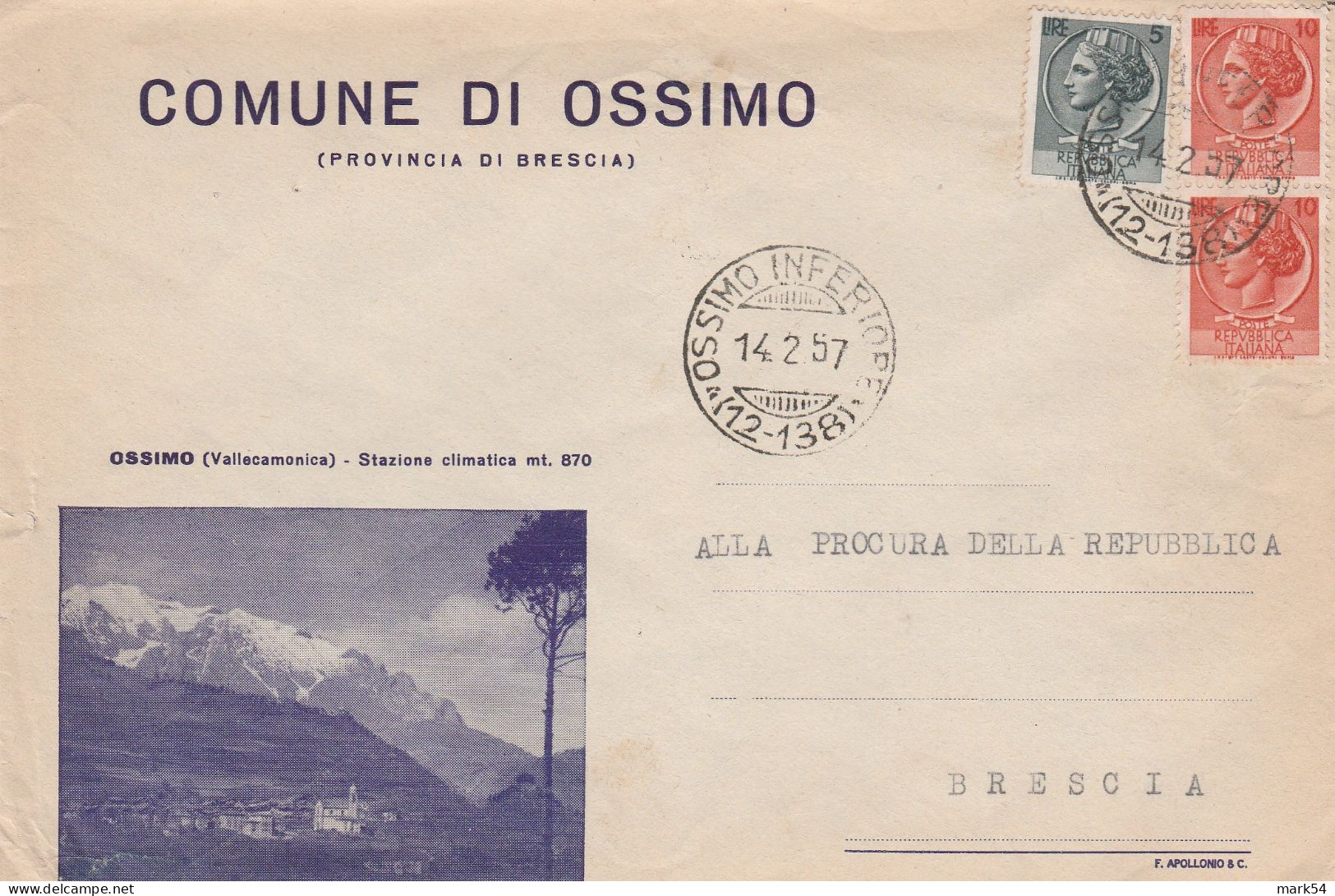 E 108 Ossimo Inferiore Frazionario 12-138 Periodo Repubblica - 1946-60: Storia Postale