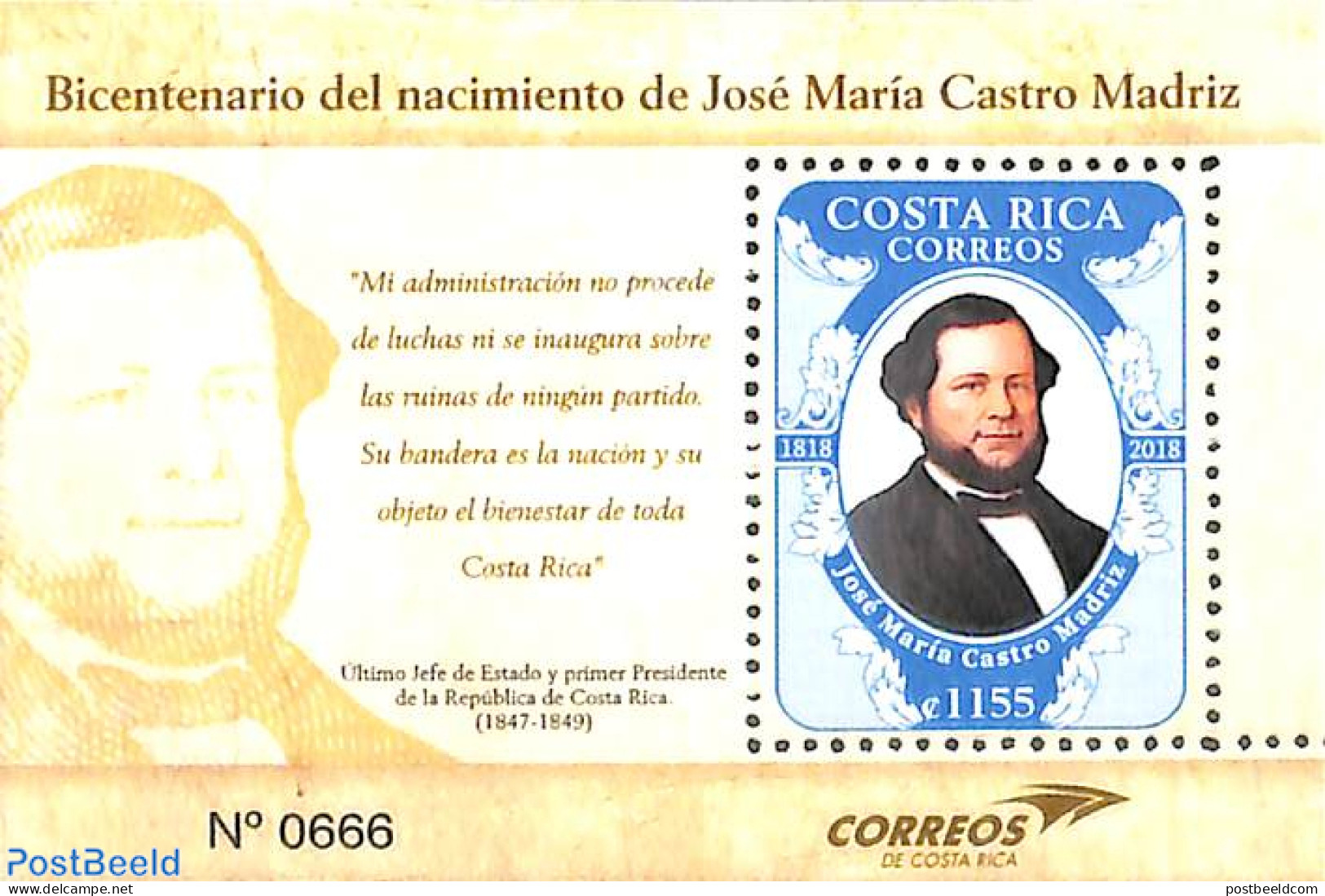 Costa Rica 2018 Jose Maria Castro Madriz S/s, Mint NH, History - Politicians - Costa Rica