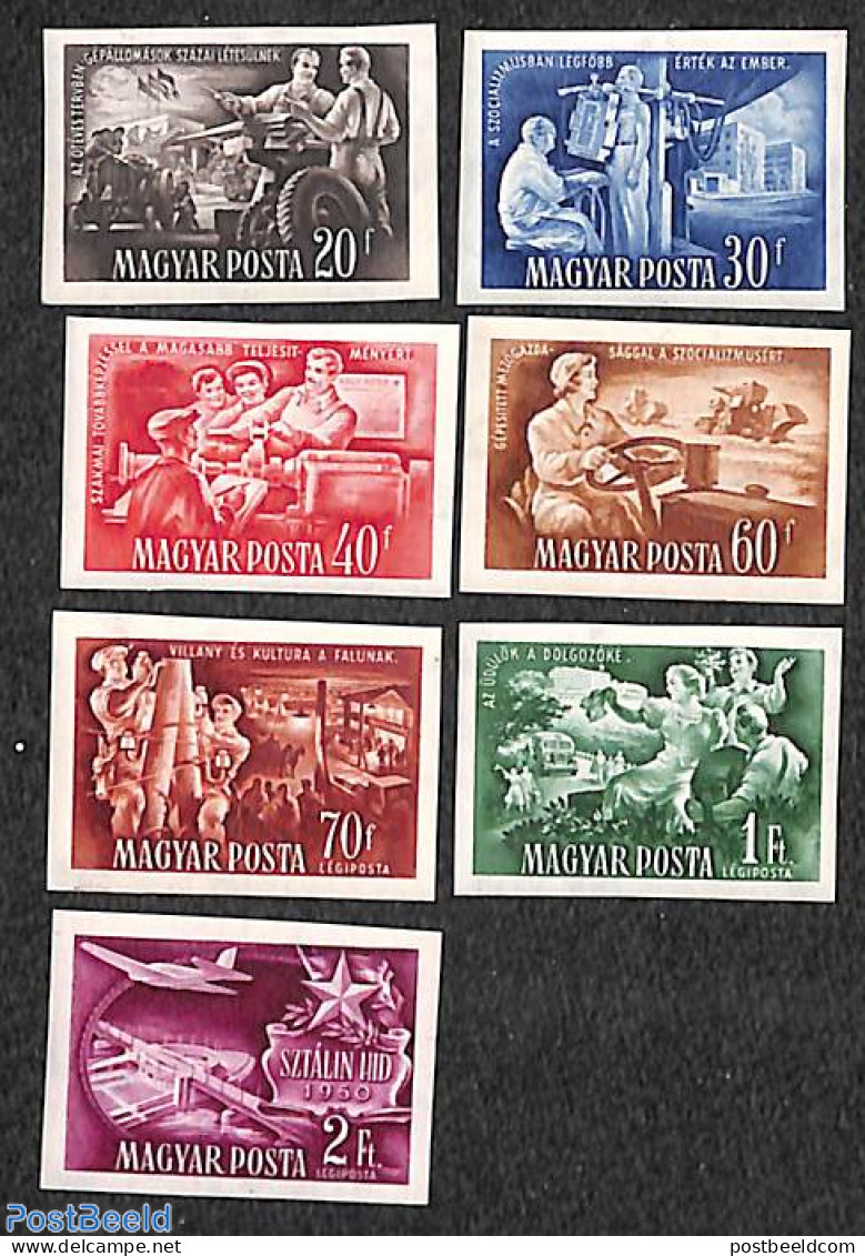 Hungary 1951 Five Years Plan 7v, Imperforated, Unused (hinged), Transport - Various - Aircraft & Aviation - Agriculture - Nuevos