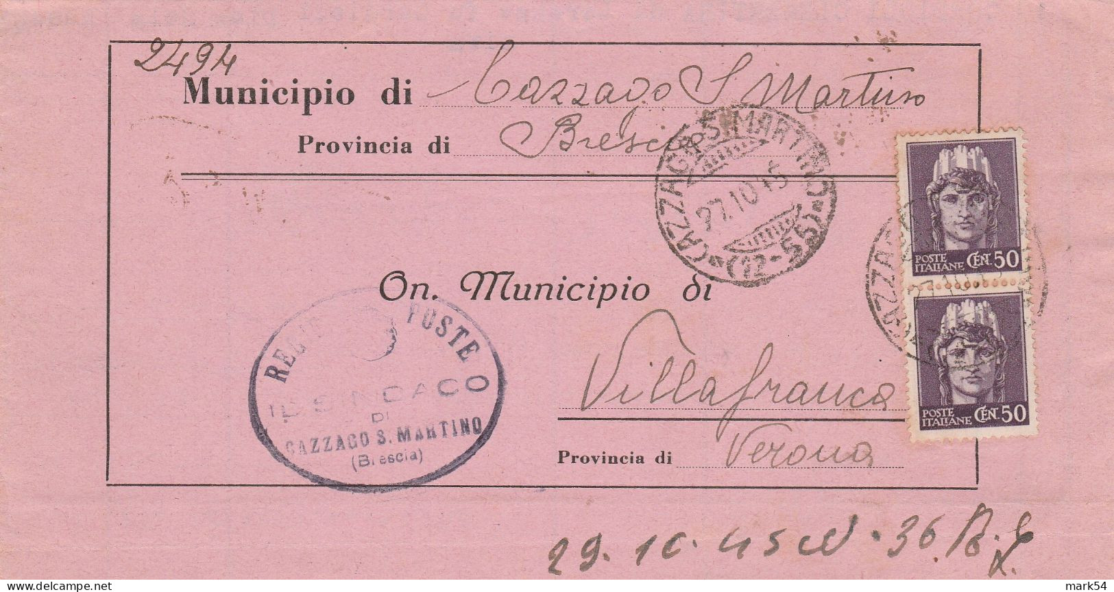 E 109 Cazzago San Martino Frazionario 12-55 Periodo Repubblica - 1946-60: Storia Postale