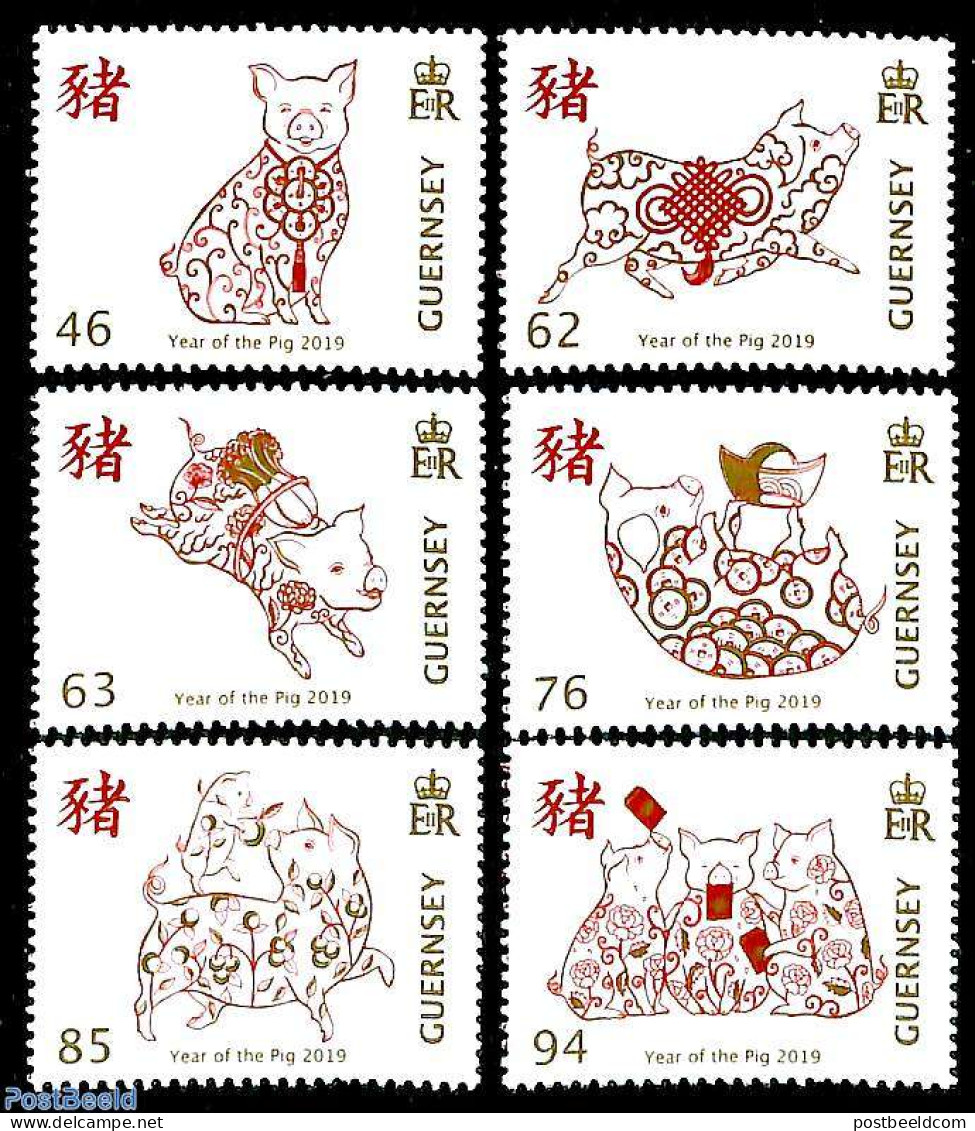 Guernsey 2019 Year Of The Pig 6v, Mint NH, Nature - Various - Cattle - New Year - Nieuwjaar