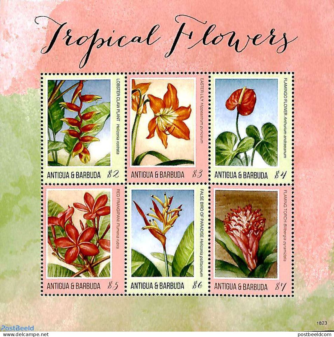 Antigua & Barbuda 2018 Tropical Flowers 6v M/s, Mint NH, Nature - Flowers & Plants - Antigua And Barbuda (1981-...)