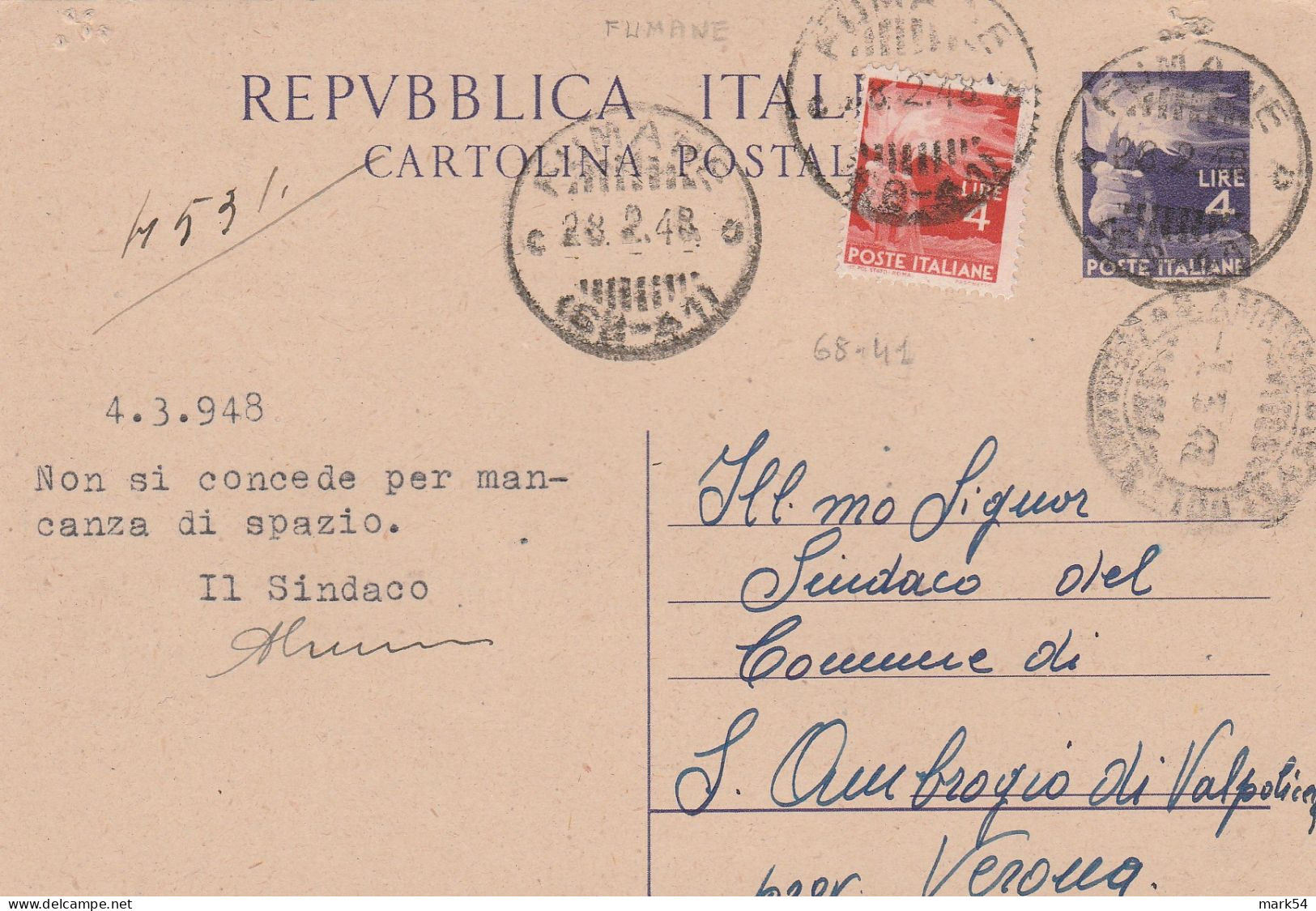 E 6 Fumane Frazionario 68-41 Periodo Repubblica - 1946-60: Storia Postale