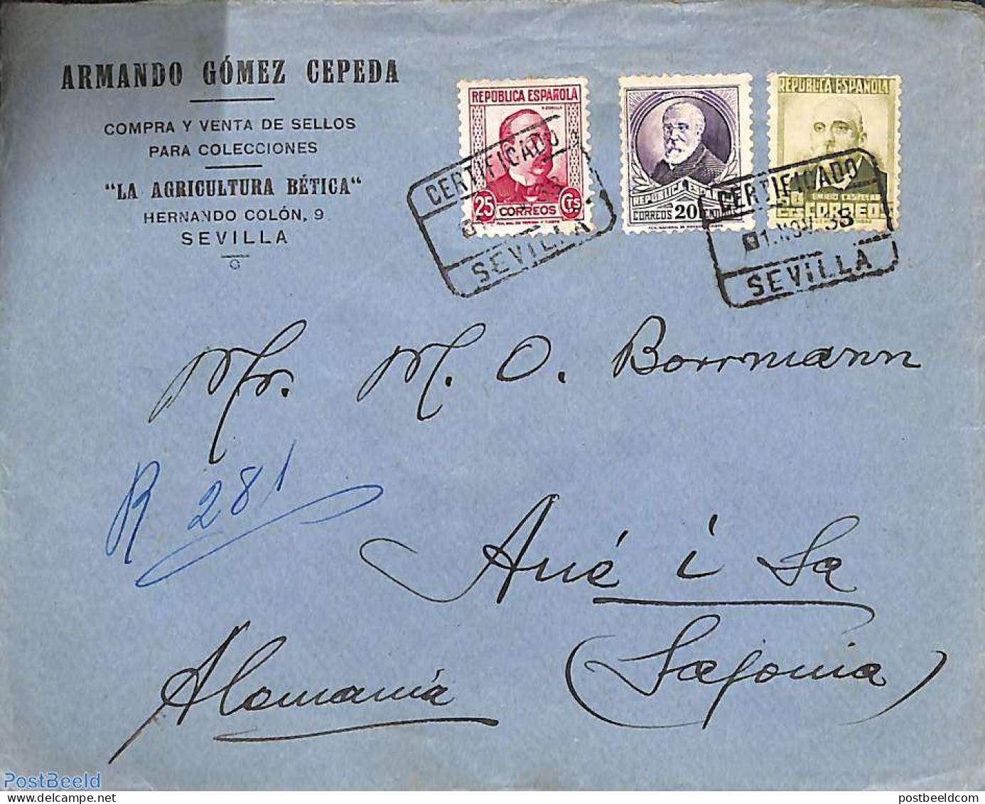 Spain 1933 Registered Letter From Sevilla To Germany, Postal History - Cartas & Documentos