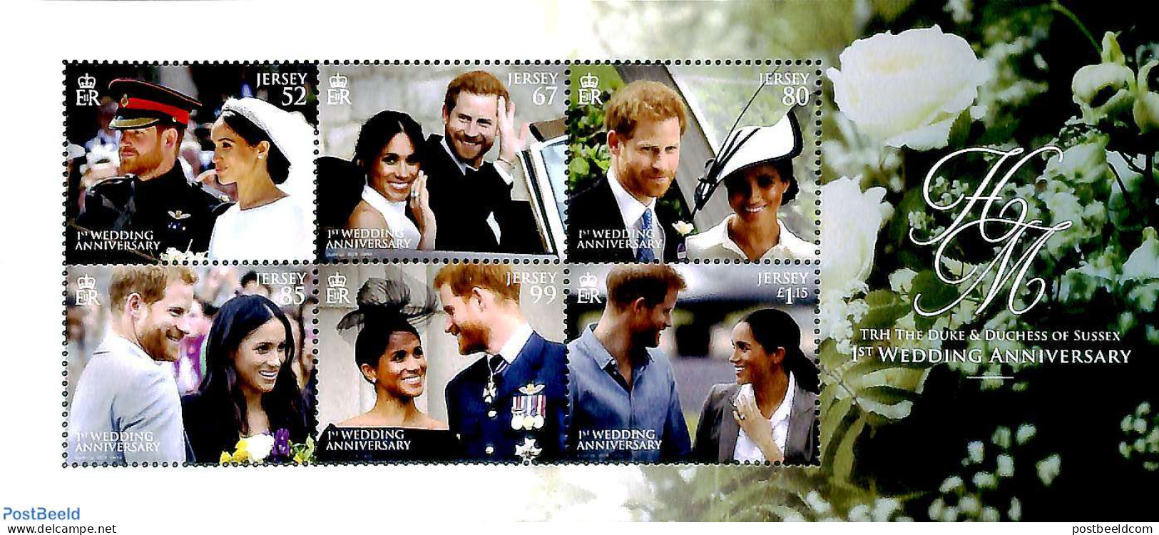 Jersey 2019 Prince Harry And Meghan Markle Wedding Anniversary 6v M/s, Mint NH, History - Kings & Queens (Royalty) - Koniklijke Families