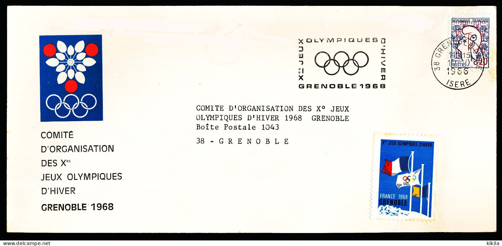 Flamme Des Xèmes Jeux Olympiques D'Hiver De Grenoble 1968  Olympic Games 68 Sur Enveloppe Du COJO Avec Vignette Grenoble - Invierno 1968: Grenoble