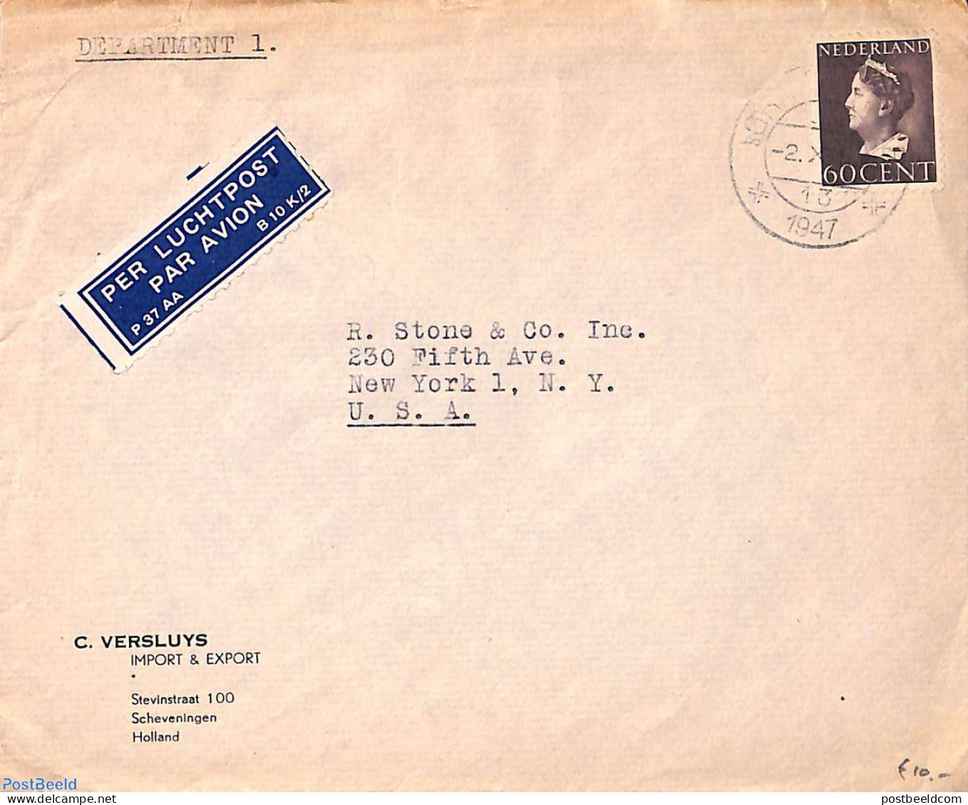 Netherlands 1947 Airmail Letter To New York With NVPH No. 345, Postal History - Covers & Documents