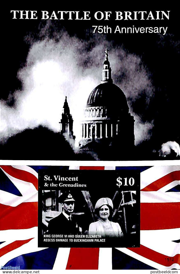 Saint Vincent 2015 The Battle Of Britain S/s, Mint NH, History - Kings & Queens (Royalty) - World War II - Koniklijke Families