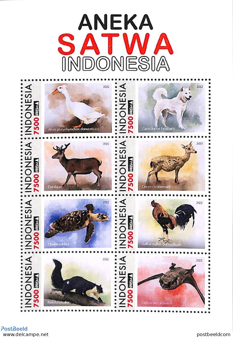 Indonesia 2022 Aneka Satwa 8v M/s, Mint NH, Nature - Animals (others & Mixed) - Birds - Deer - Dogs - Poultry - Turtles - Indonesia