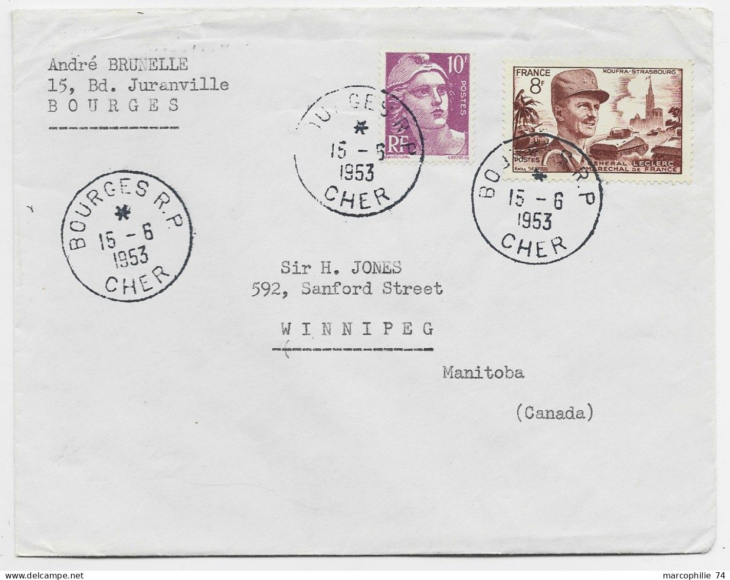 GANDON 10FR VIOLET +8FR LECLERC LETTRE COVER BOURGES 15.6.1953 POUR LE CANADA TARIF RELATIONS - 1945-54 Marianne Of Gandon