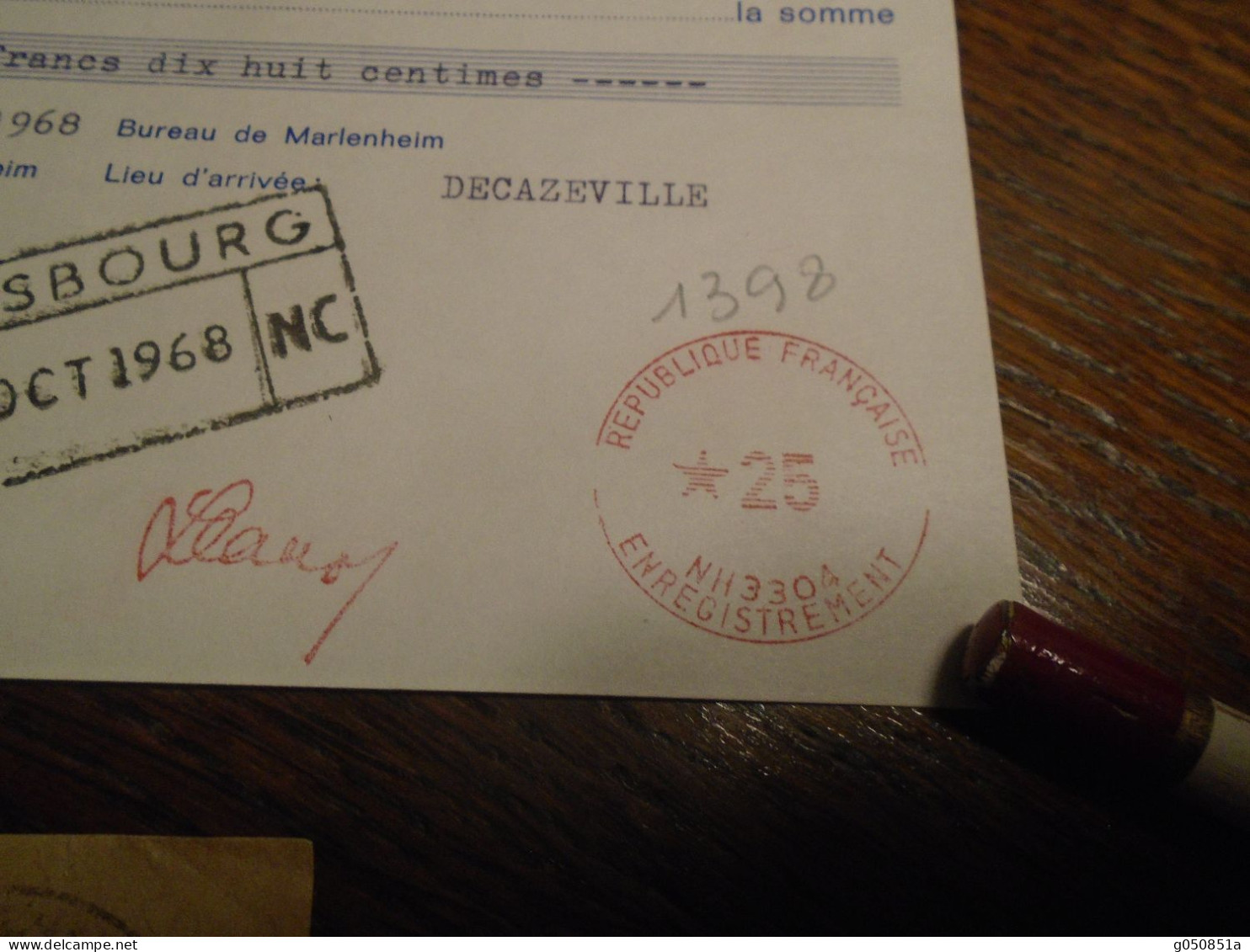 1968 - BAS RHIN ( MARLENHEIM) Pour AVEYRON Decazeville ) Facture AVEC OBL /ROUGE  TAMPON FISCAL  25  Frs - Lettres & Documents