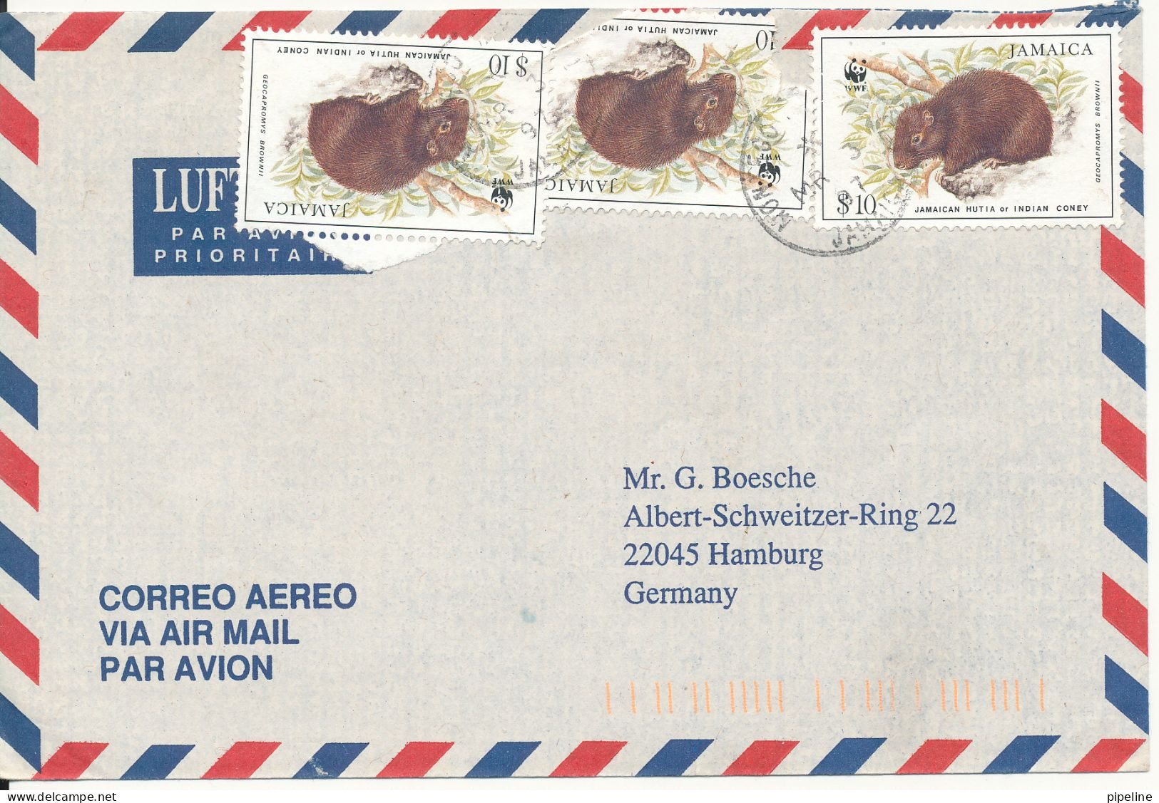 Jamaica Air Mail Cover Sent To Germany 3-3-1997 WWF Stamps (1 Of The Stamps Is Damaged) - Jamaique (1962-...)