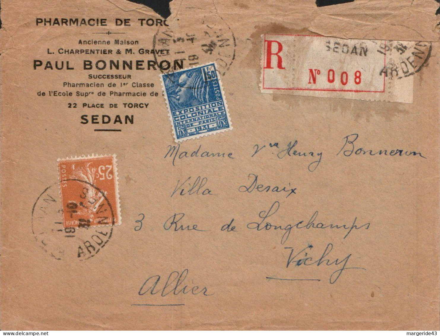 AFFRANCHISSEMENT COMPOSE SUR LETTRE DE A EN TETE RECOMMANDEE DE SEDAN ARDENNES 1931 - Tarifs Postaux