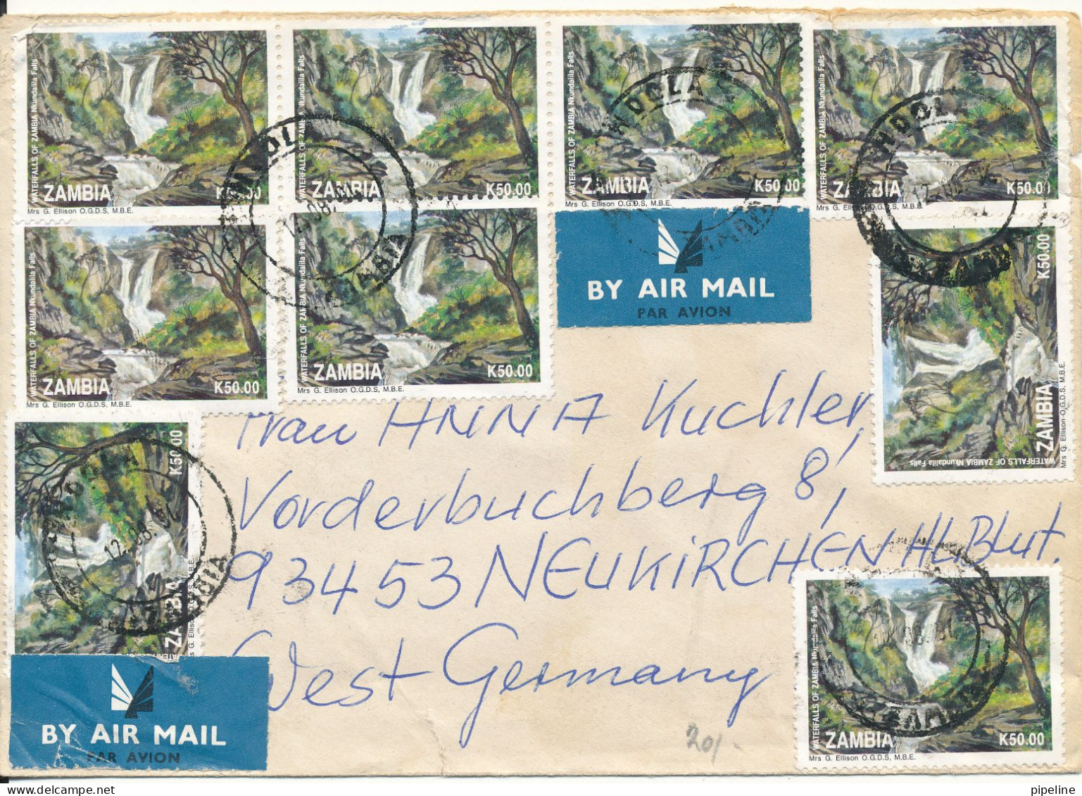 Zambia Cover Sent Air Mail To Denmark 12-8-1994 With A Lot Of The Same Stamp + 1 On The Backside Of The Cover And A Tear - Zambia (1965-...)