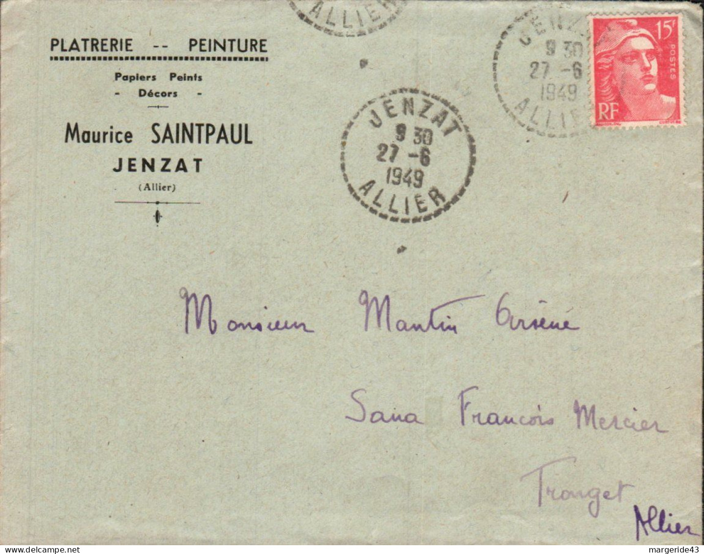 GANDON SUR LETTRE A EN TETE DE JENZAT 1949 - Posttarife