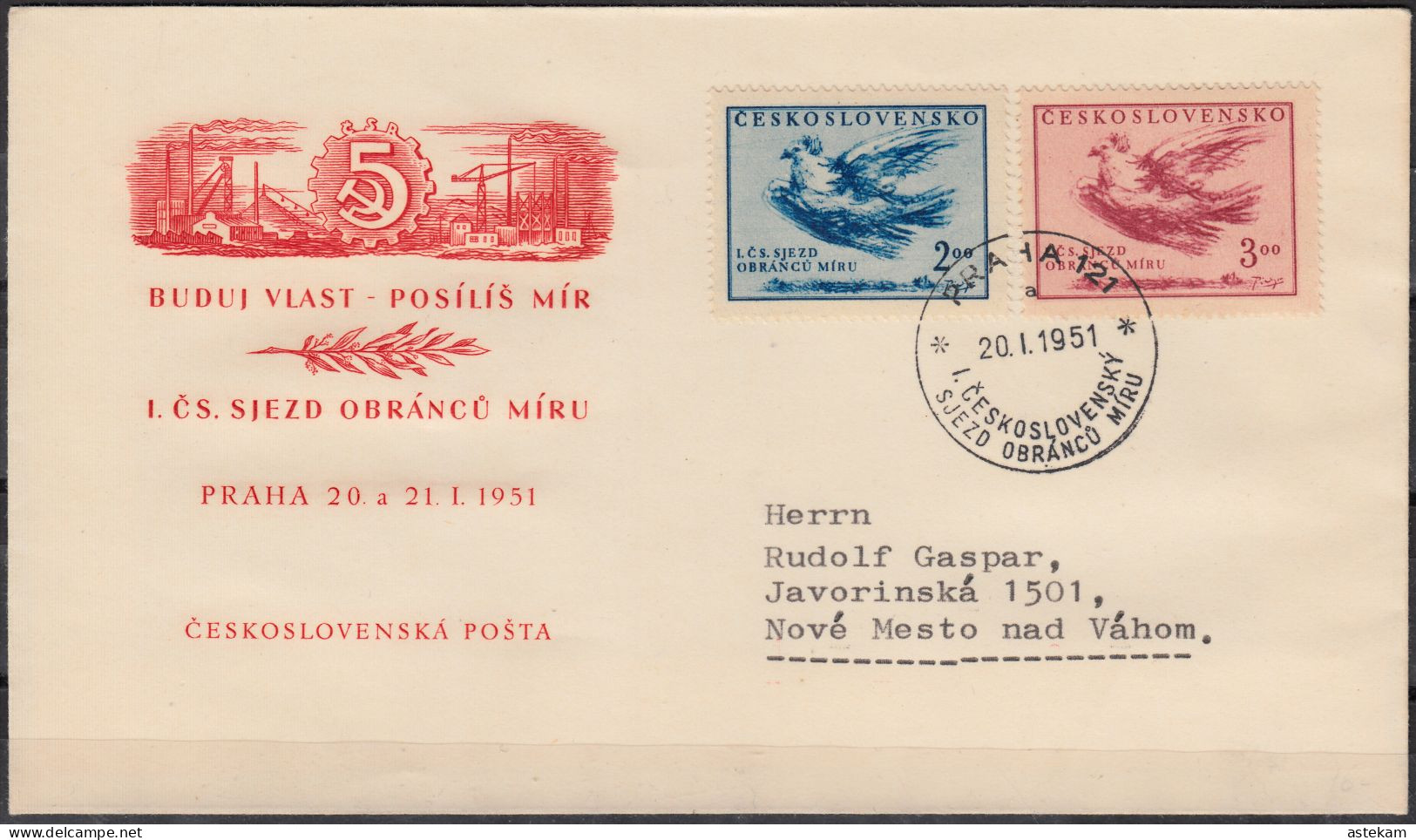 CZECHOSLOVAKIA 1951, TRAVELED ENVELOPE With PIGEONS And SPECIAL PRINT In GOOD QUALITY - Briefe U. Dokumente