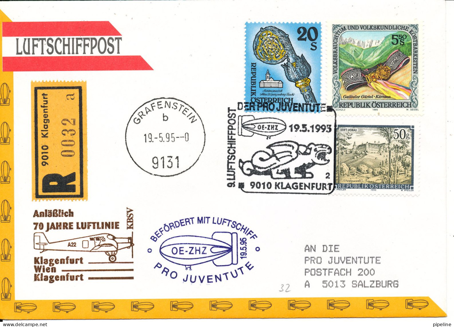 Austria Registered Cover AIRSHIP MAIL Pro Juventute Number 9 Klagenfurt 19-5-1993 With More Postmarks - Par Ballon