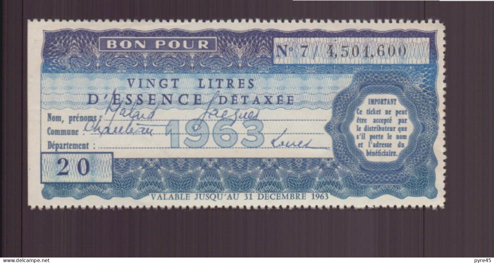 BON POUR VINGT LITRES D ESSENCE DETAXEE 1963 - 1950 - ...