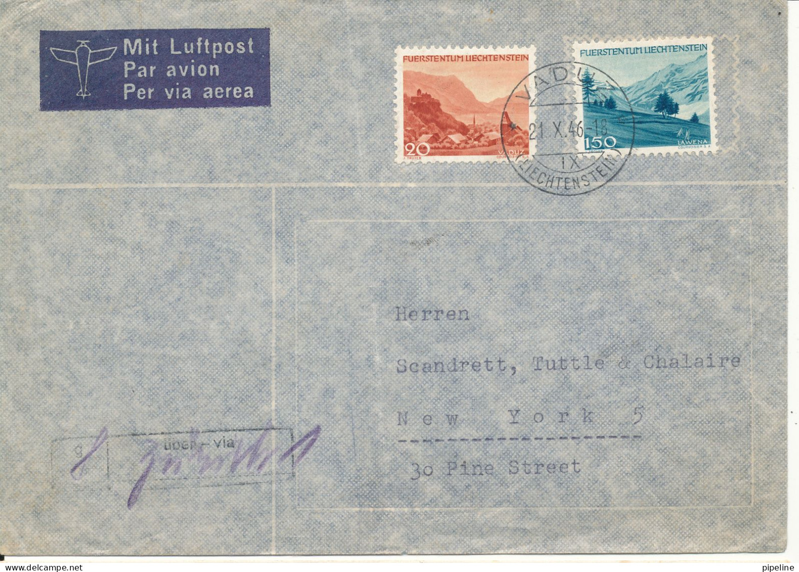 Liechtenstein Air Mail Cover Sent To USA 21-10-1946 Very Good Franked - Air Post