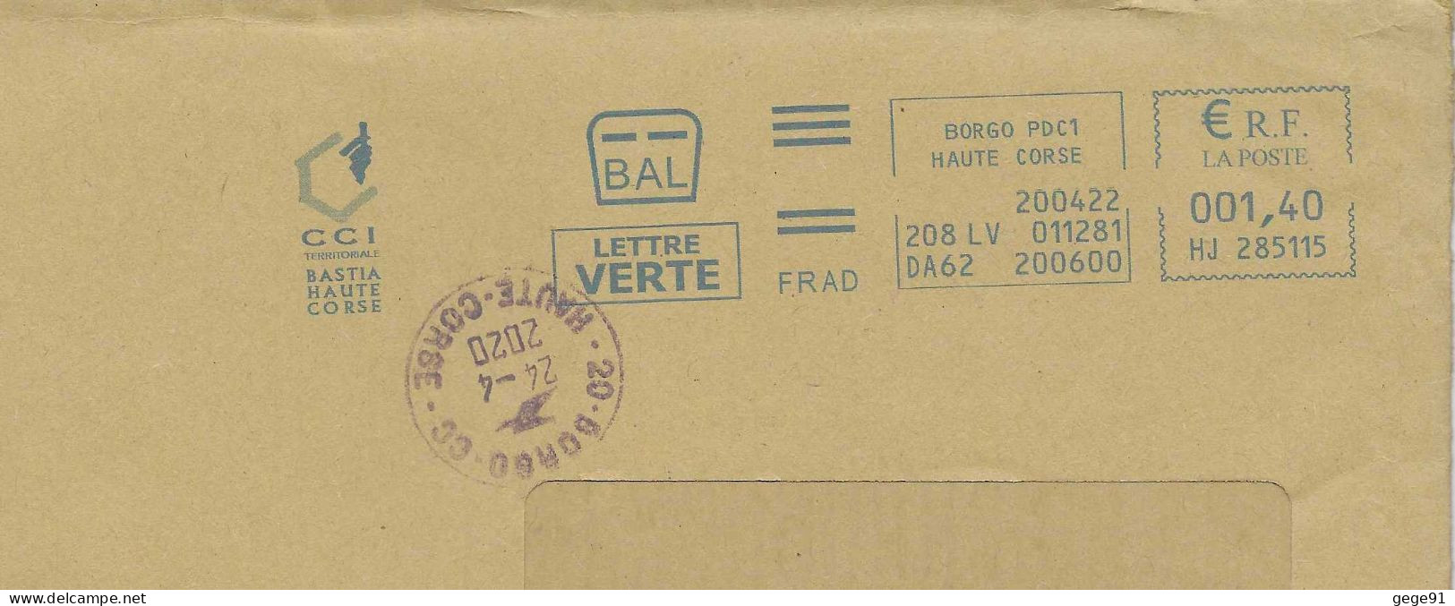 Ema Neopost HJ - Carte De La Corse - Cachet Manuel De Borgo Pour Correction De Date - Enveloppe Réduite 220x110 - Géographie